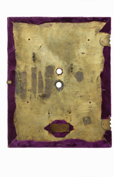 The back of the dial, movement removed, of a table clock by Pieter Visbach